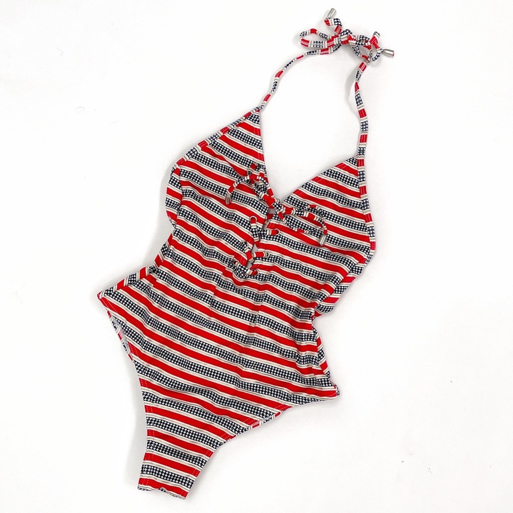 Red Striped Bathing Suit Swimsuit Corset Lace by Cikada Australia